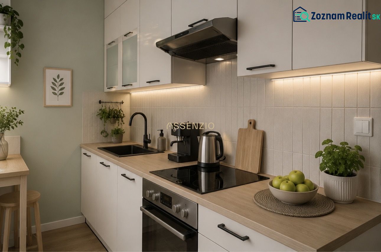 A kitchen in a 2-room apartment with wooden decor, decorations, and greenery.