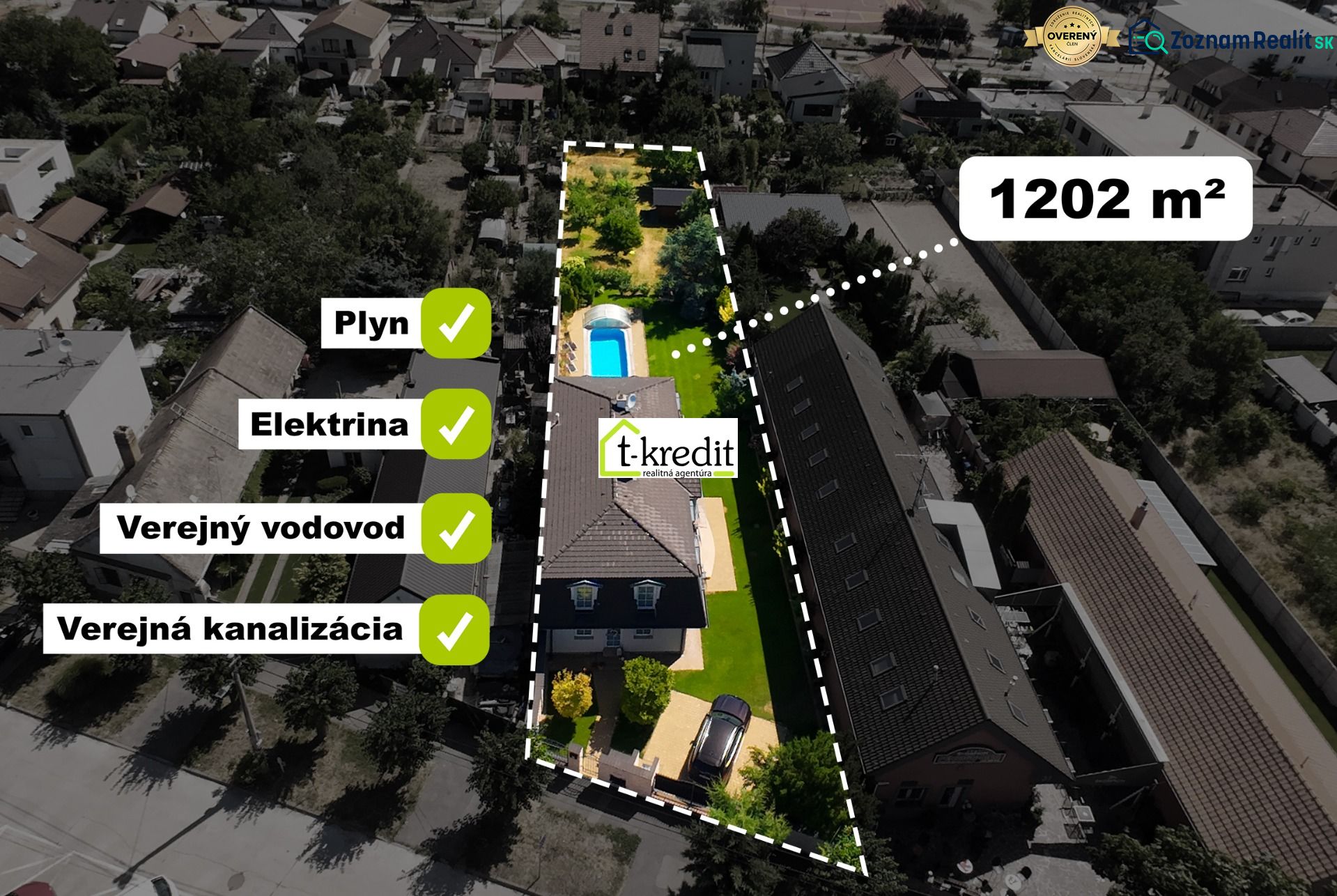 Aerial view of a spacious family house in Senec with a pool and garden.