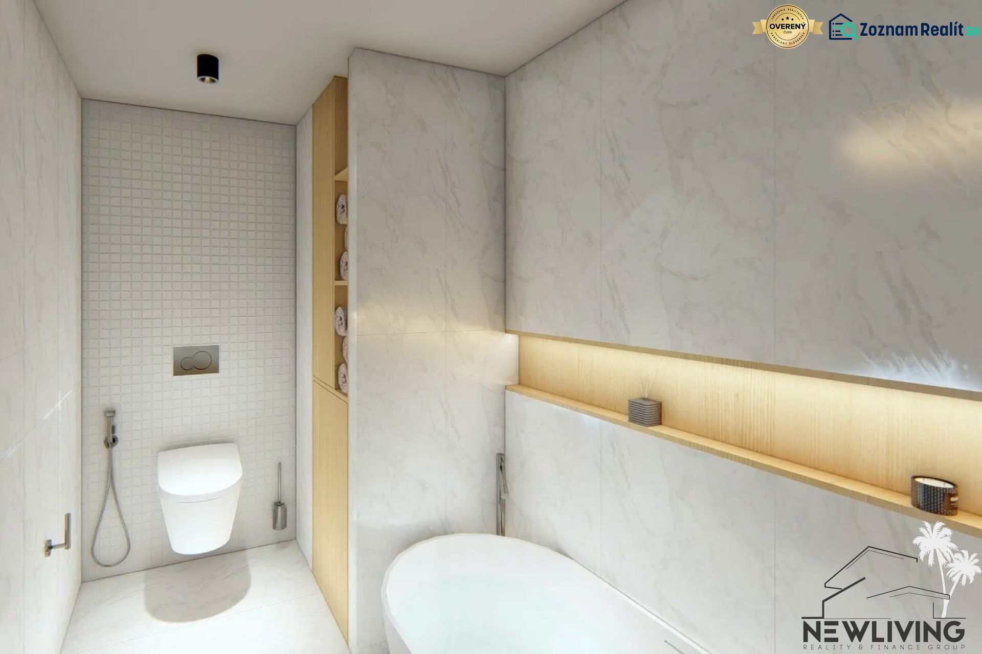 A bathroom in a 3-room apartment with a bathtub, toilet, and wooden storage space.