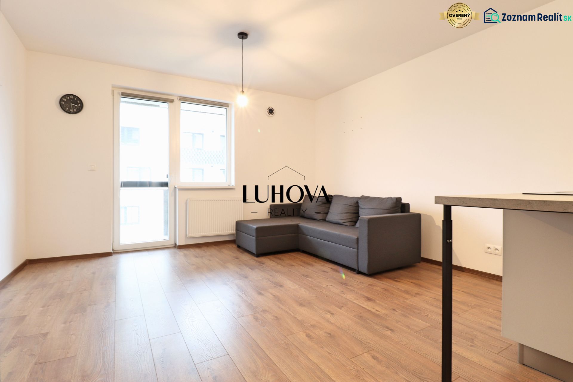 Interior of a 1-room apartment with a sofa, wood-patterned flooring, and a large window.
