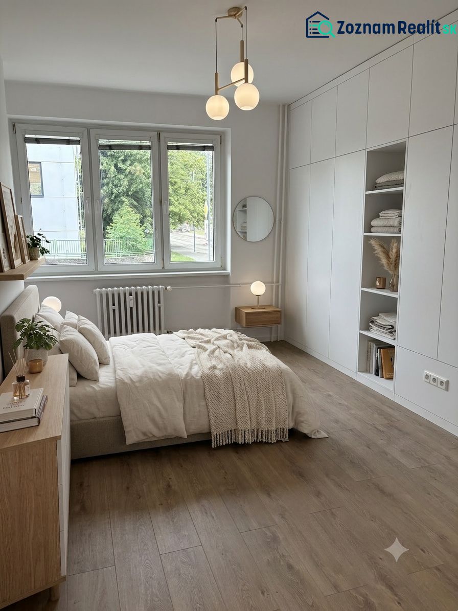 Bright bedroom with a built-in wardrobe and bed in a 4-room apartment, floor with wood decor.
