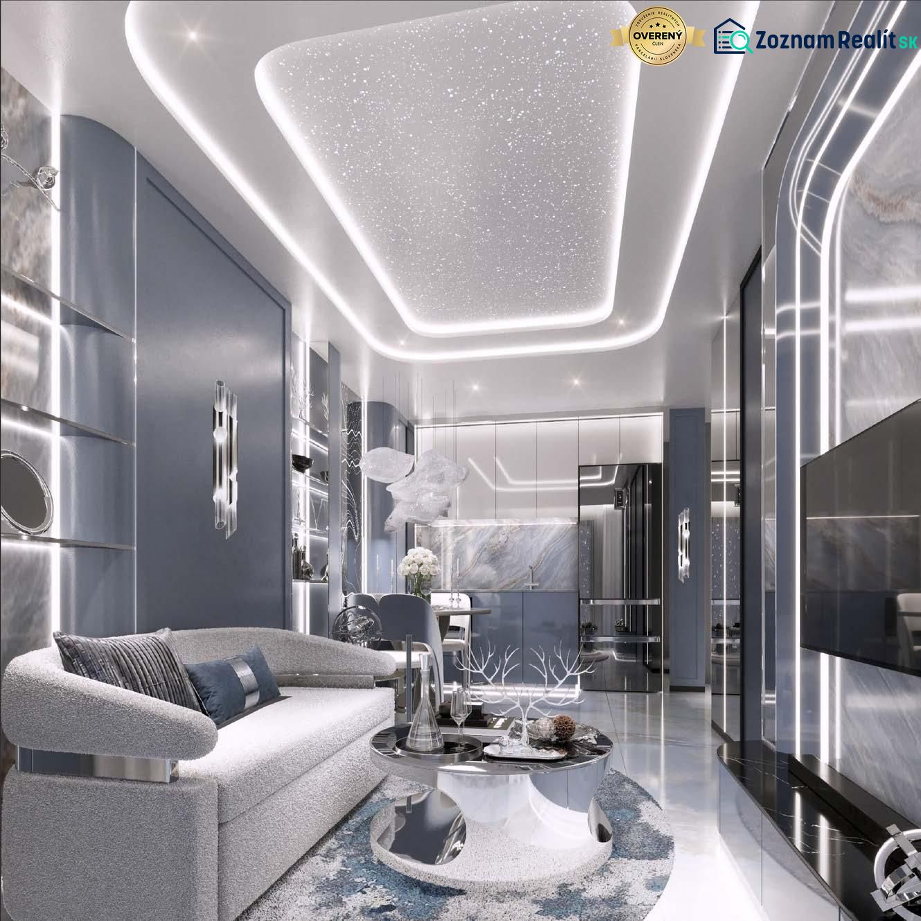 A recreational apartment with glossy surfaces, LED lighting, and a comfortable sofa.