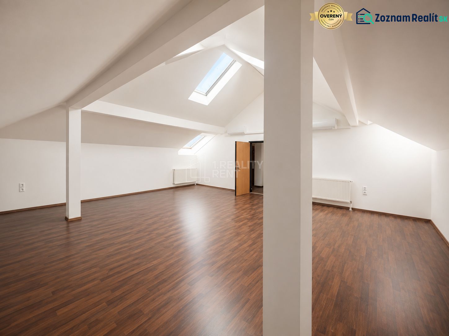 Attic offices with wooden decor flooring, skylights, and radiators.