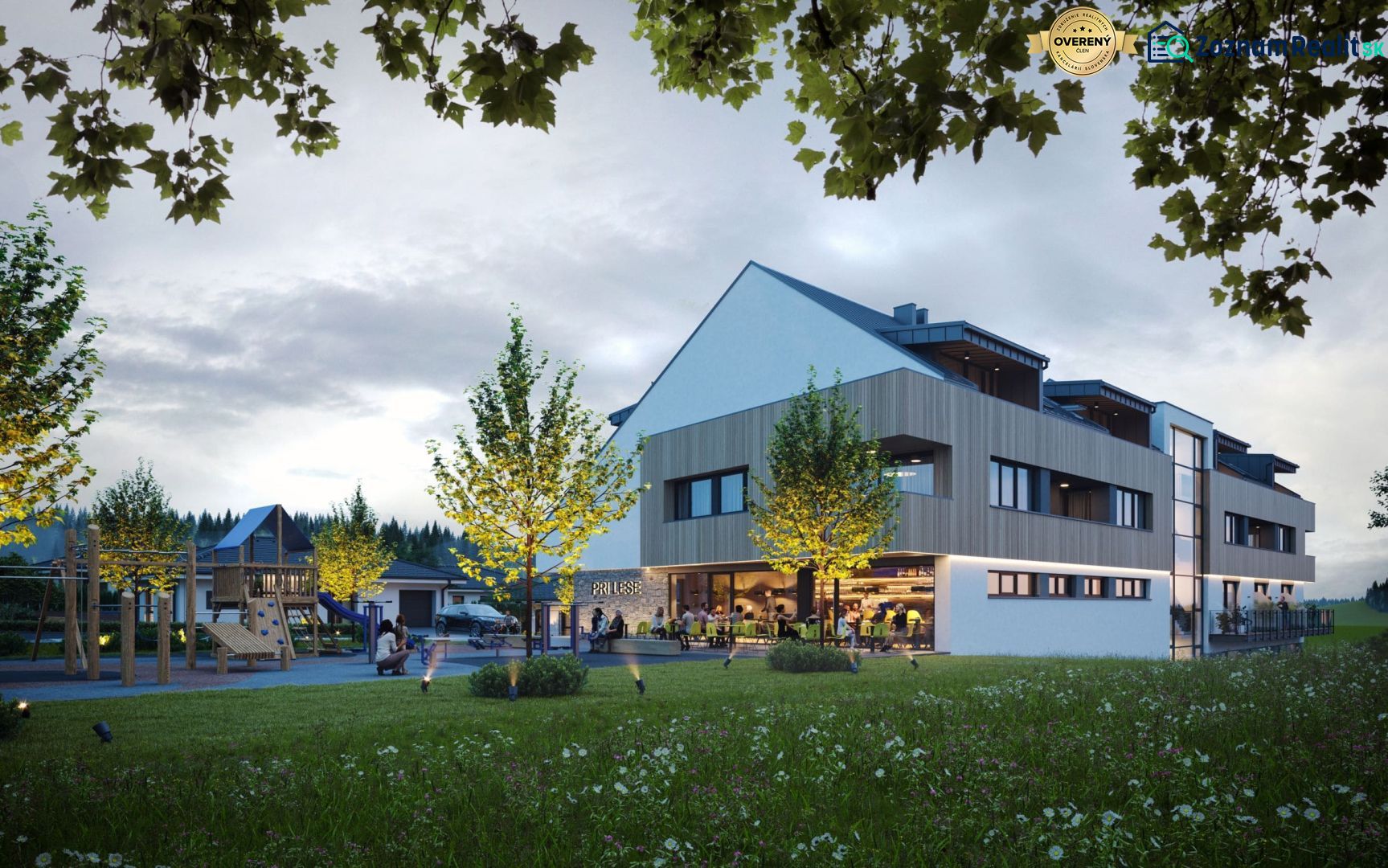 A building surrounded by trees and a playground in Mlynica, at sunset.