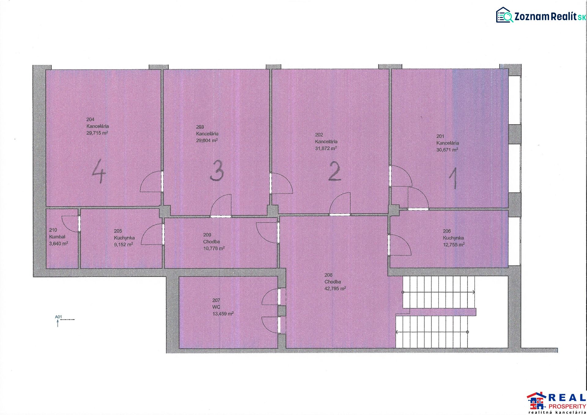 Floor plan of offices with rooms and a kitchenette, suitable for workspaces.