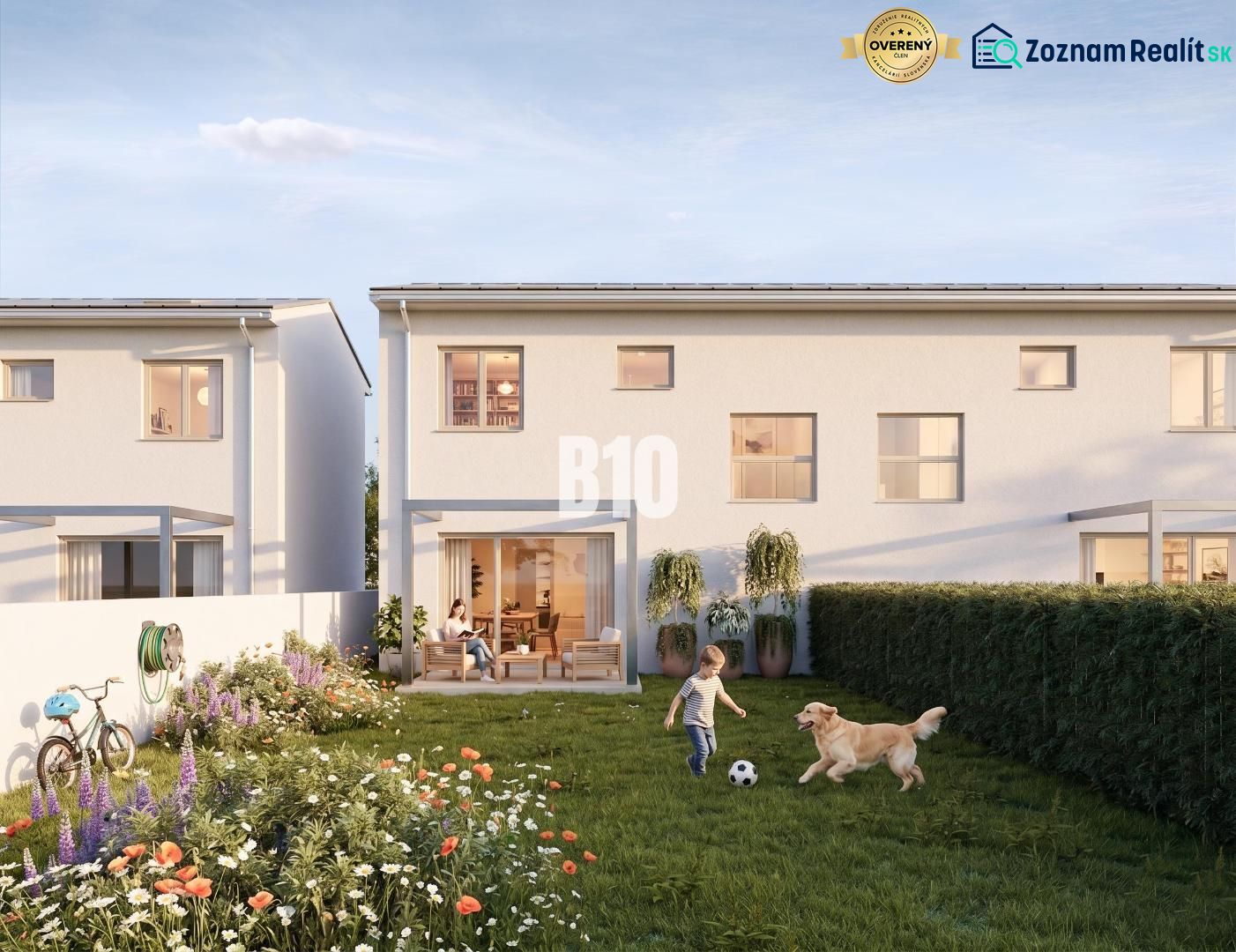 A family house in Nitra with a garden, a playing child, and a dog.