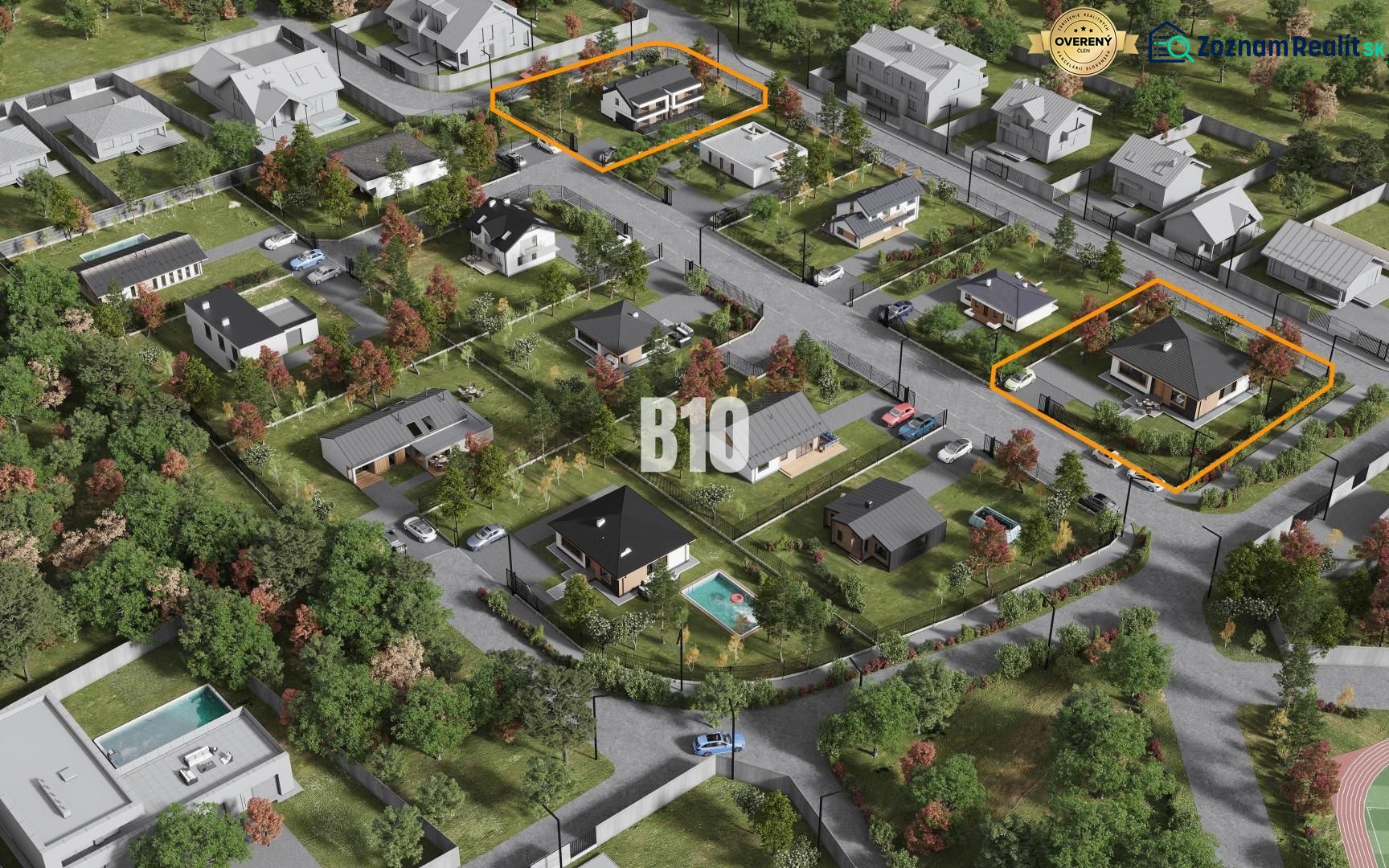 Aerial view of properties - housing in Nitra with green gardens and streets.