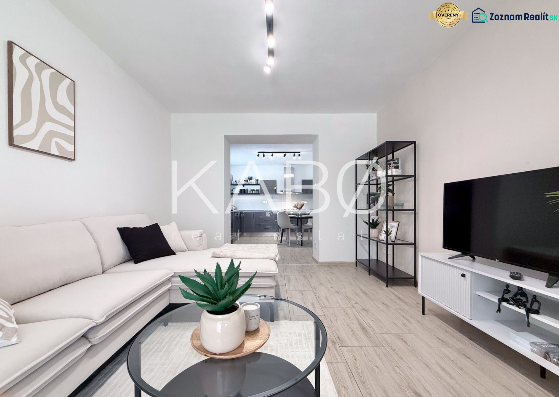Living room in a two-room apartment with a wooden decor floor, a sofa, and a television.