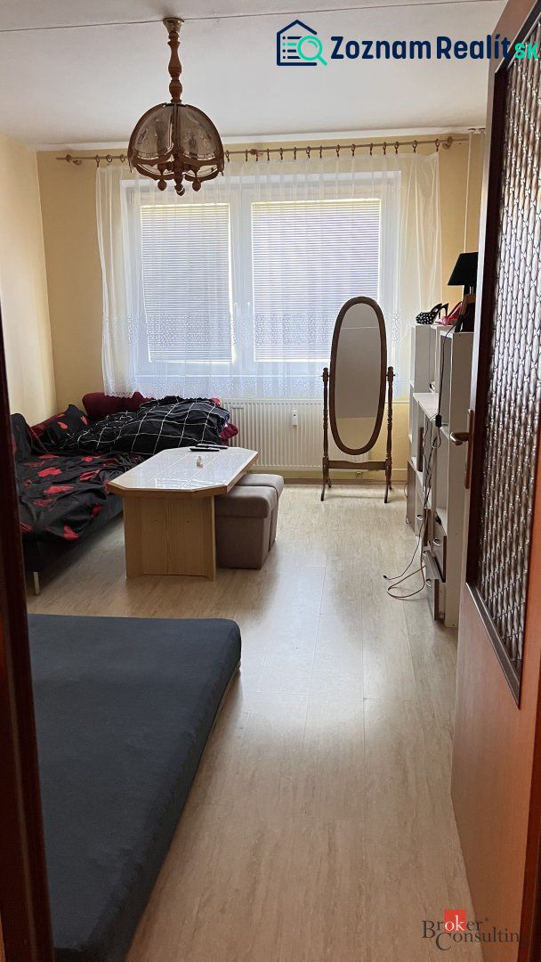 Living room in a two-room apartment with a wooden decor floor and furniture.