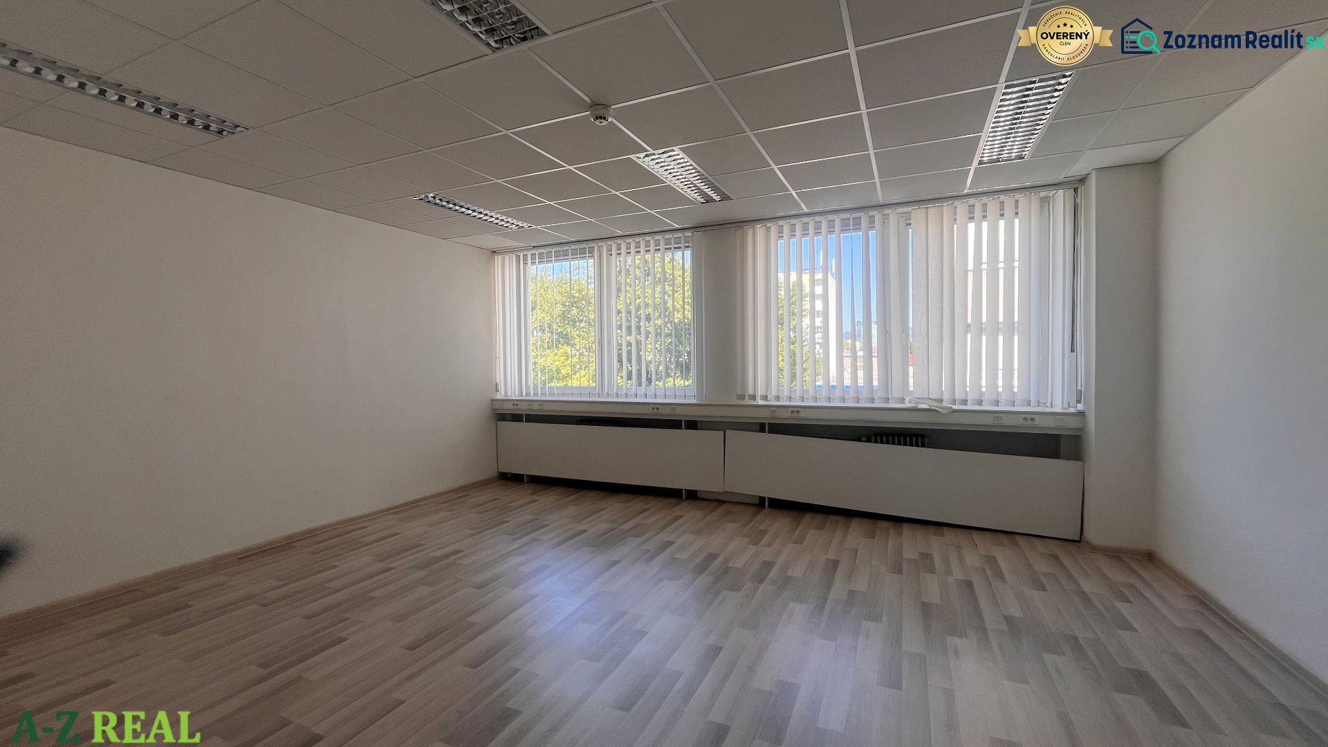 Office with a wooden floor design and large windows, bright environment.