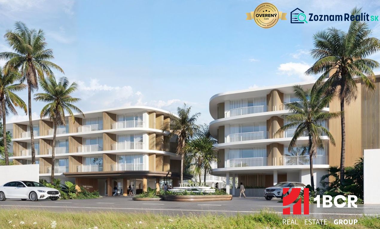 Construction of apartments in Surat Thani with palm trees and modern architecture.