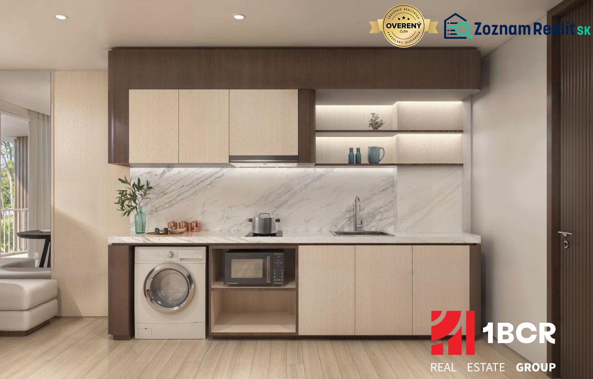 A kitchen with a marble backsplash in a 2-room apartment, flooring with a wooden decor.