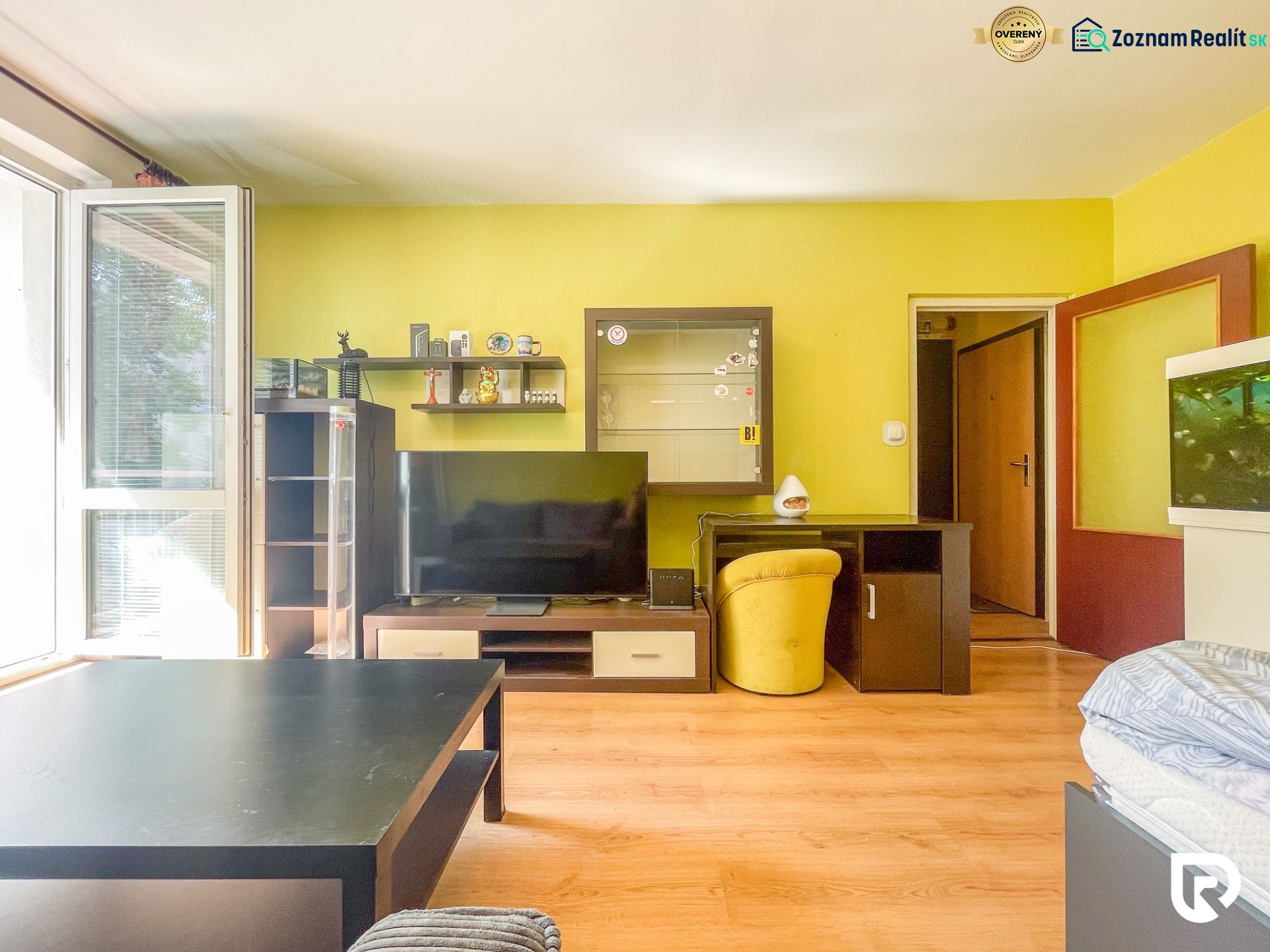 Living room in a studio apartment with a wood-patterned floor and a television.