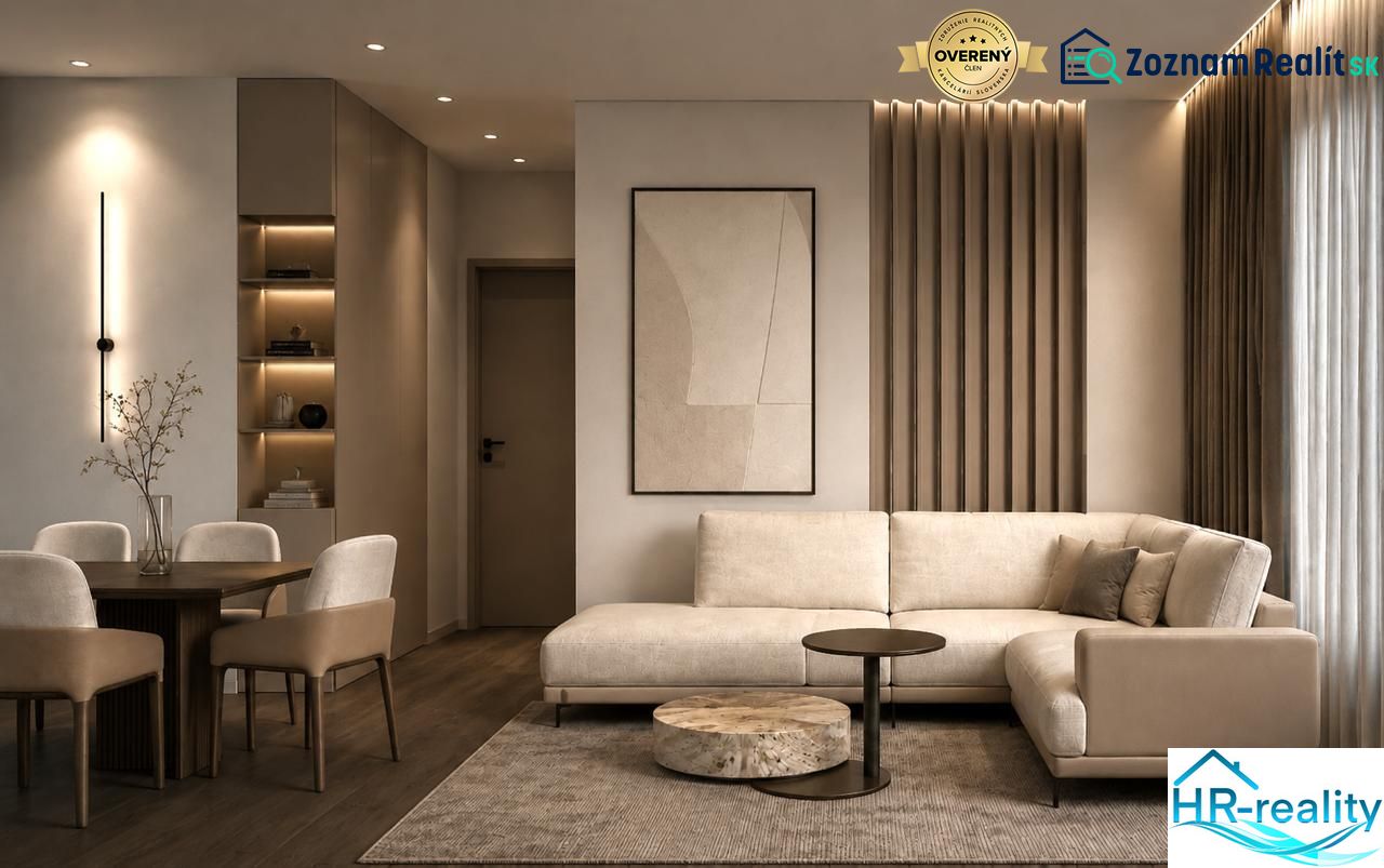 Living room in a holiday apartment with a sofa and wood-patterned flooring.