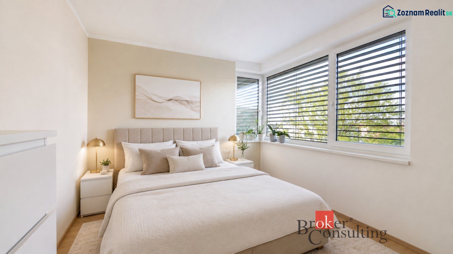A bedroom in a family house with a comfortable bed, decor, and blinds on the windows.