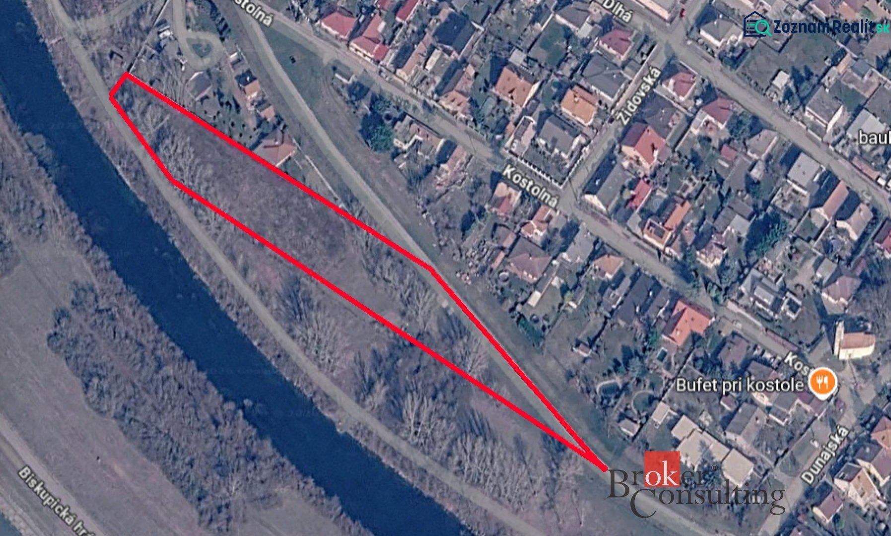 Aerial view of recreational plots in Hamuliakovo near the water area and Kostolná street.