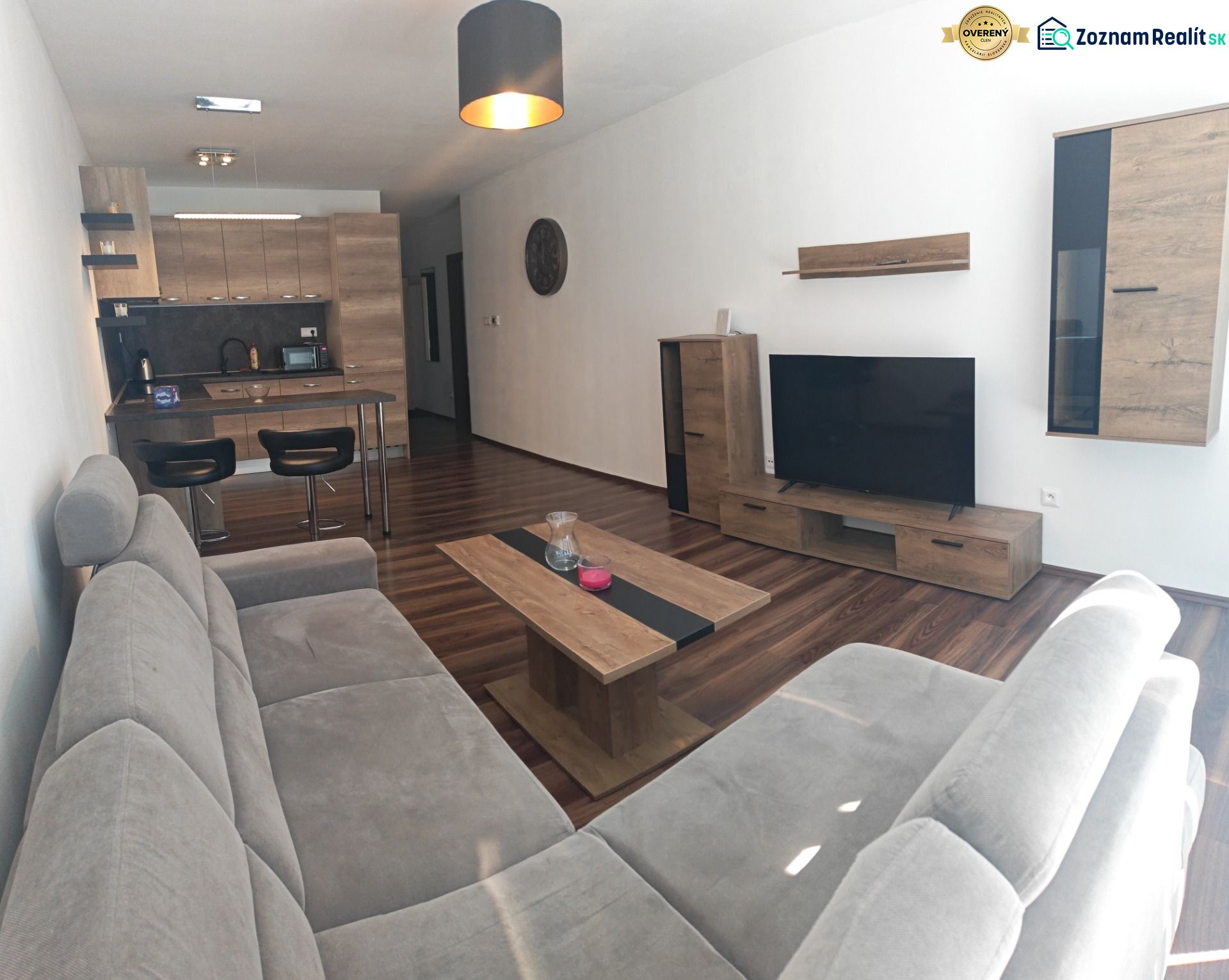 Living room in a 2-room apartment with a wooden-decor floor, a sofa, and a TV wall.