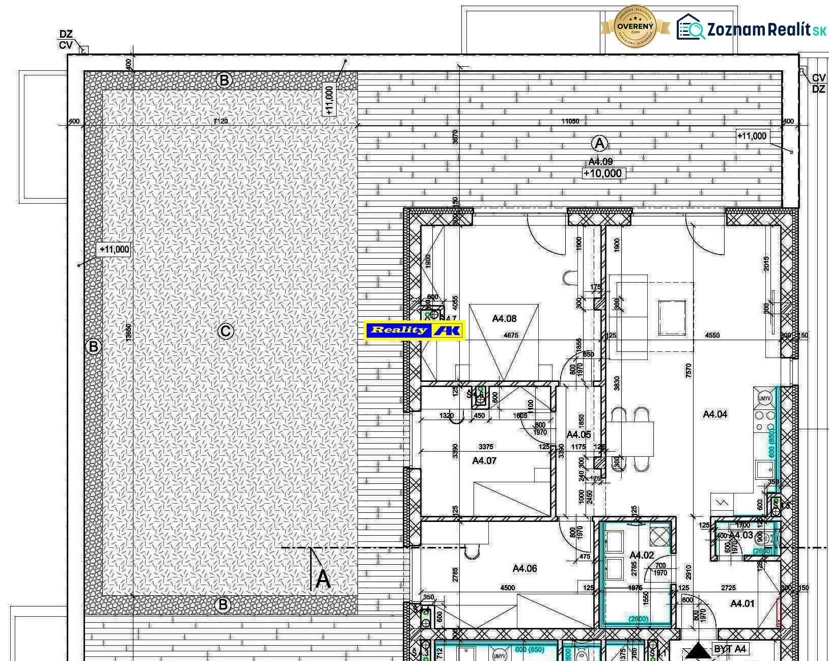 Floor plan of a 4-room apartment with a pool and wooden decor flooring.