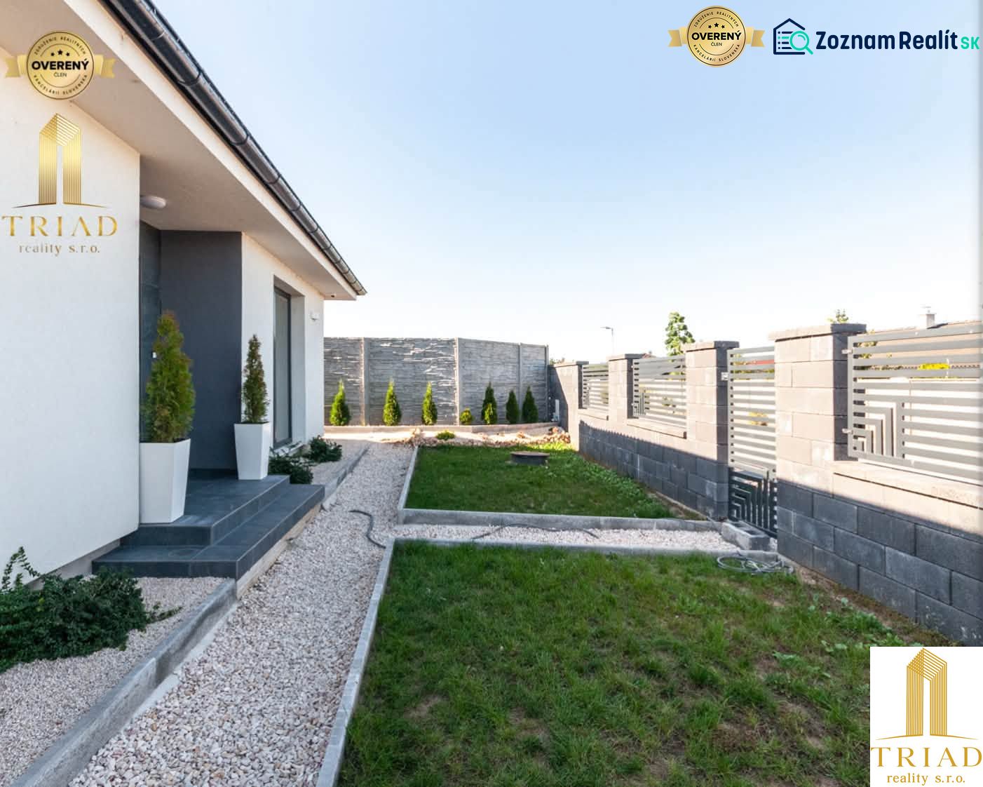 A family house in Bajč with a landscaped garden, a hedge, and a stone pathway.