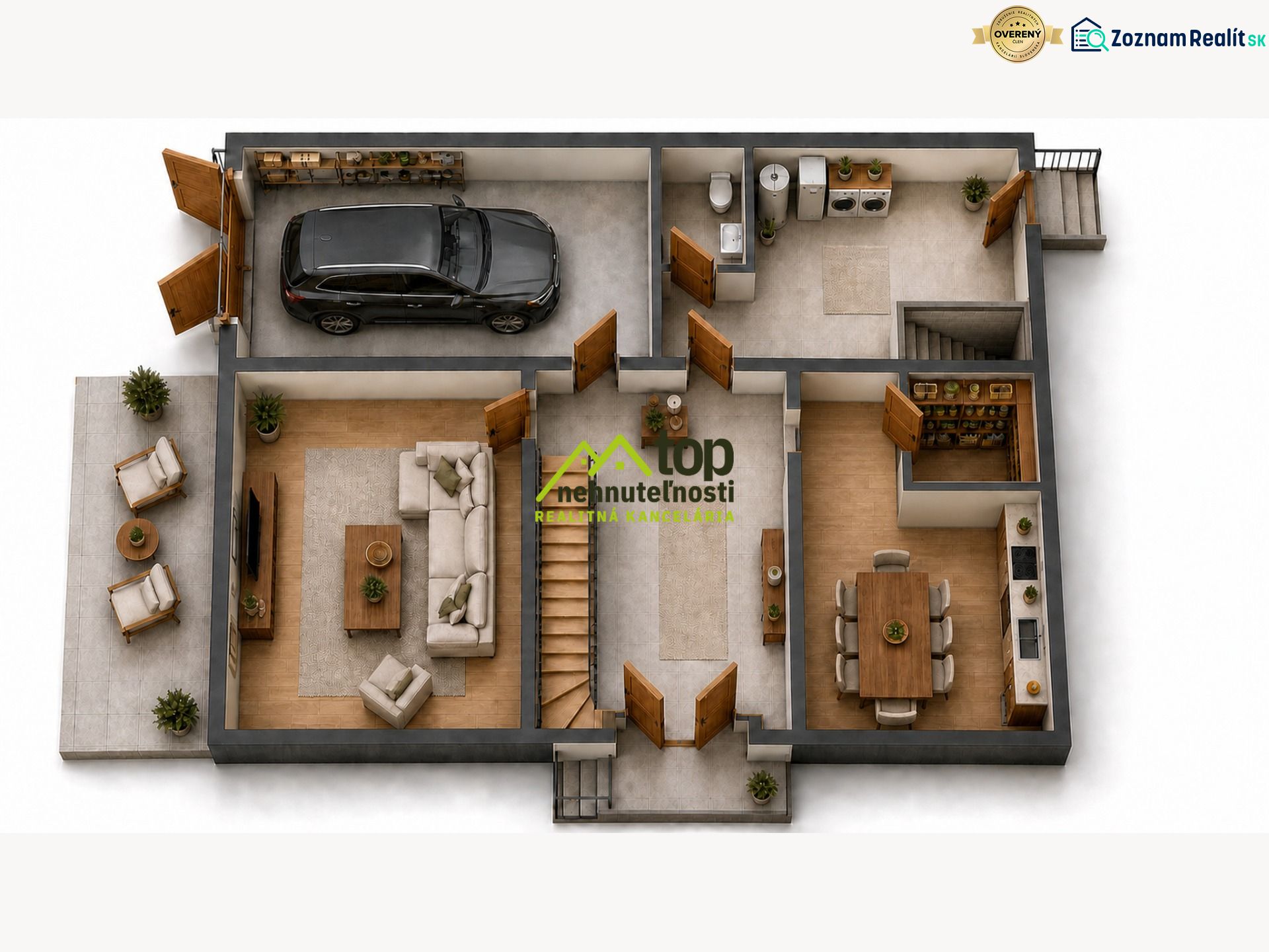 Floor plan of a family house with wooden decor flooring, a garage, and a terrace.