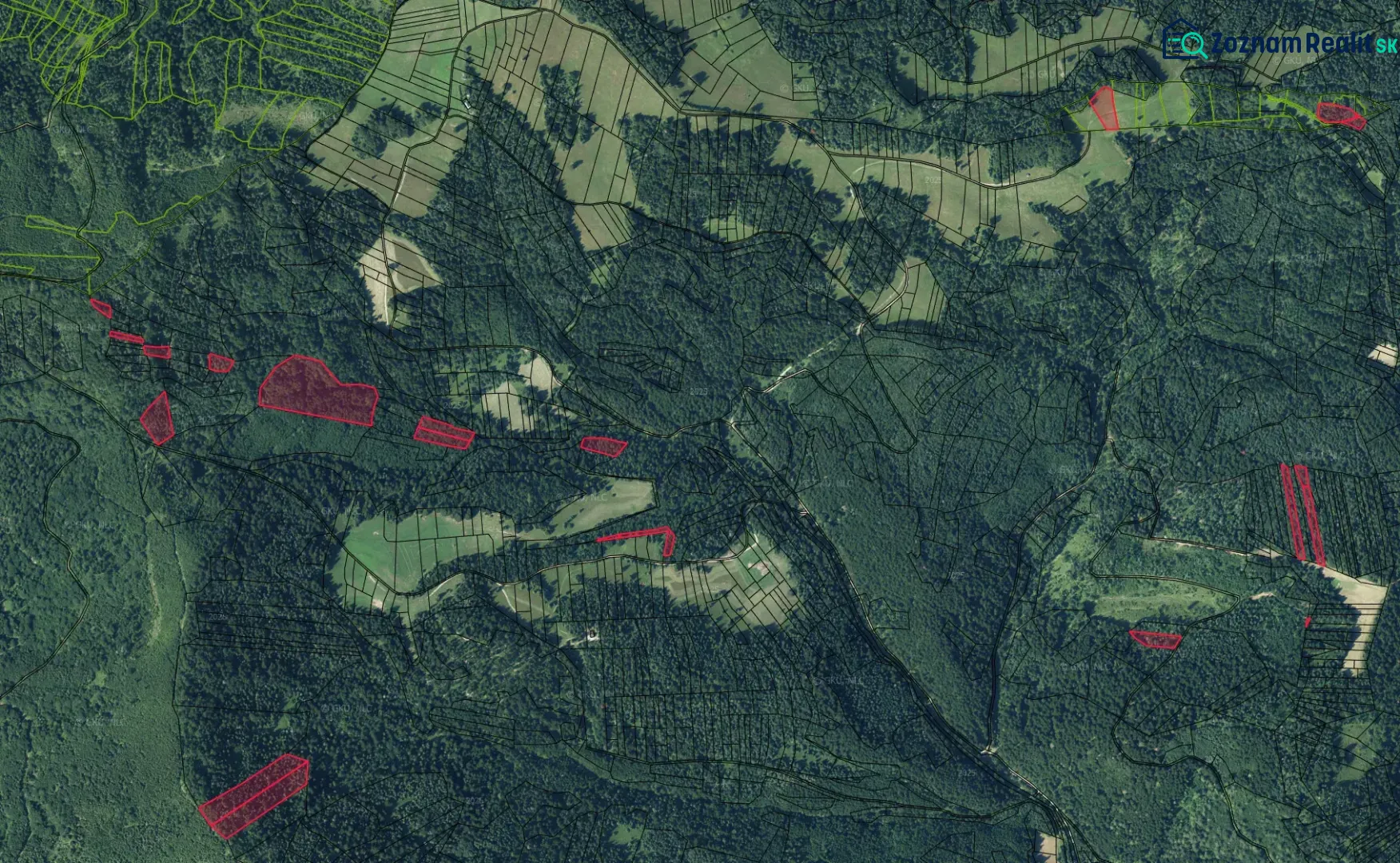 Aerial view of agricultural and forest lands around Stará Ľubovňa with marked boundaries.
