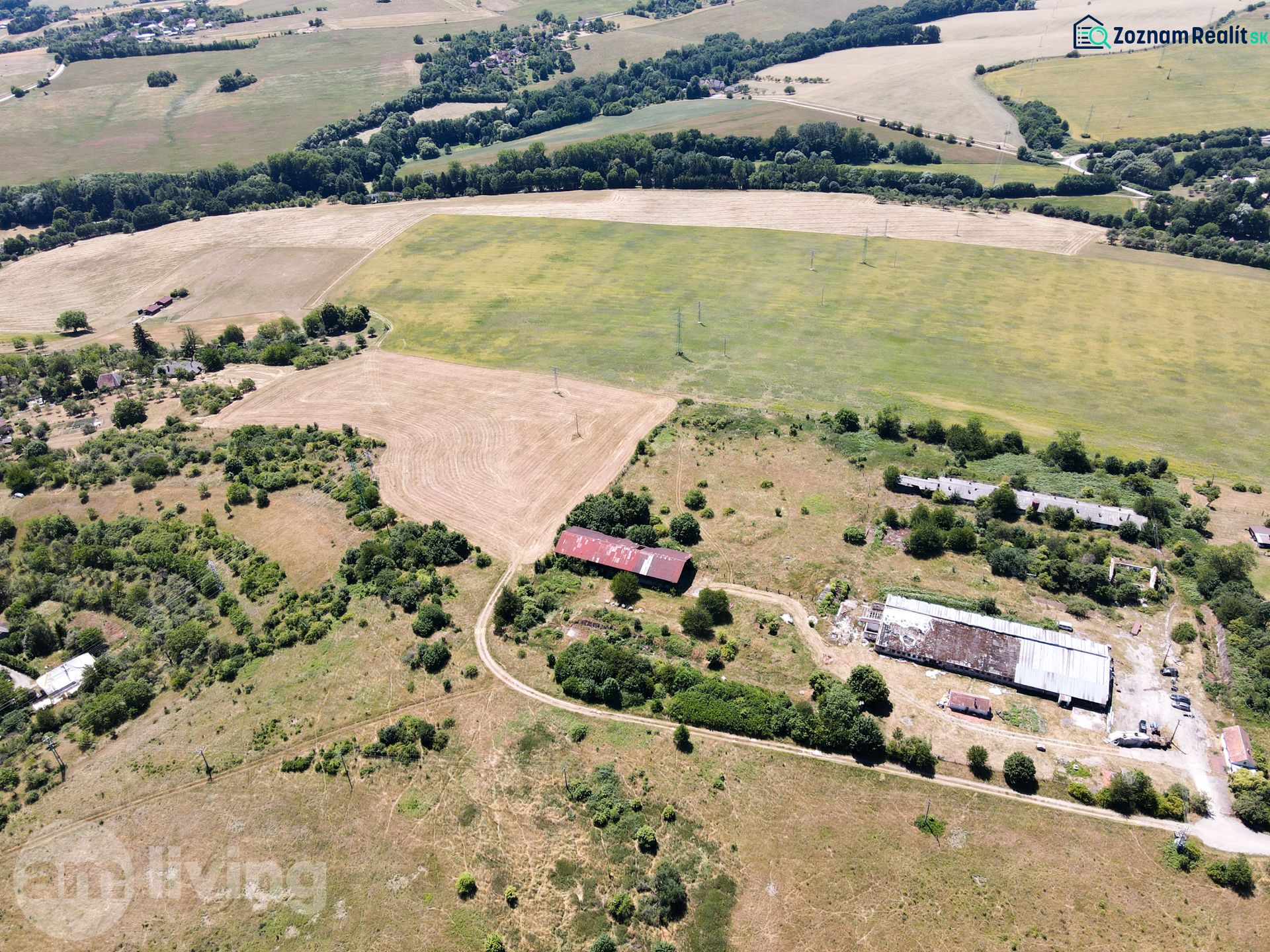 Aerial view of unusual properties around Stará Turá, surrounded by fields and greenery.