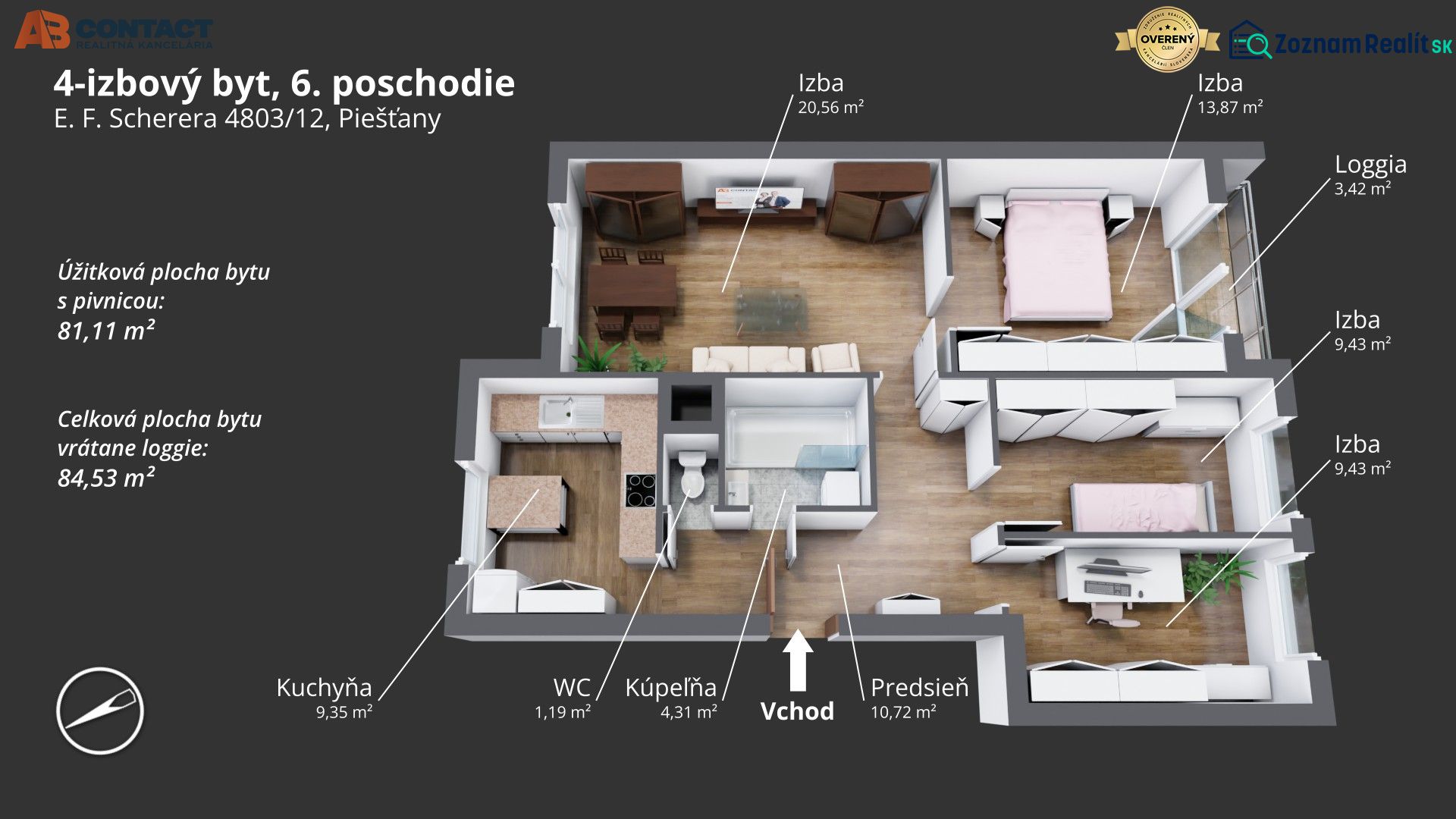 Floor plan of a 4-room apartment with a loggia and flooring with a wood decor.