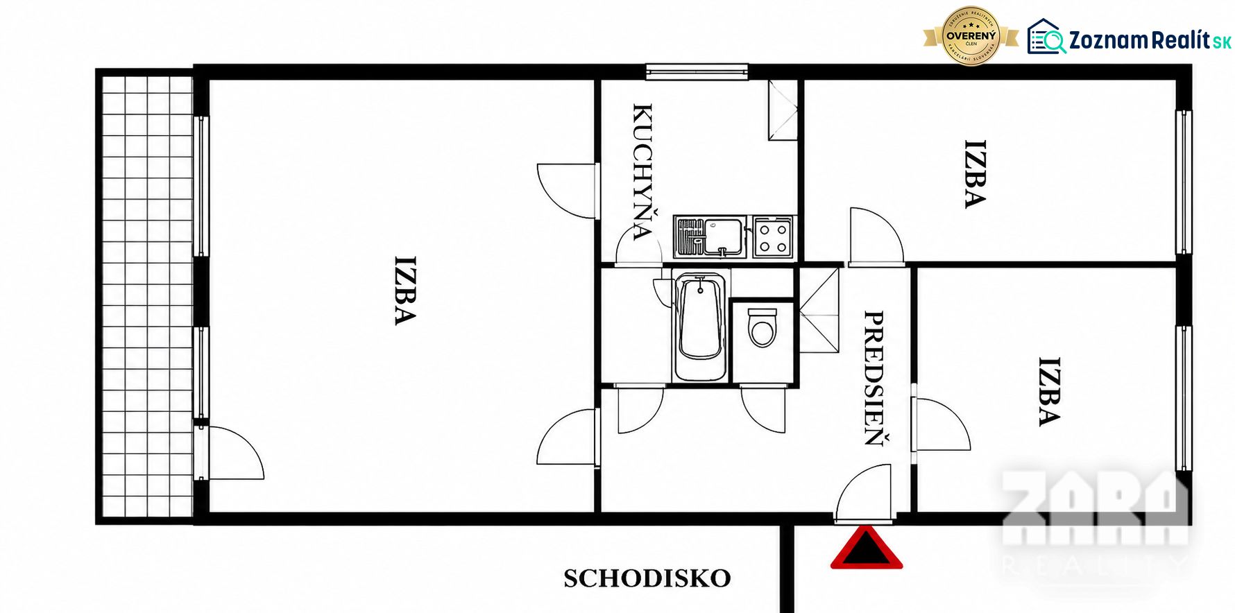 Floor plan of a 3-room apartment with the layout of the rooms and kitchen.