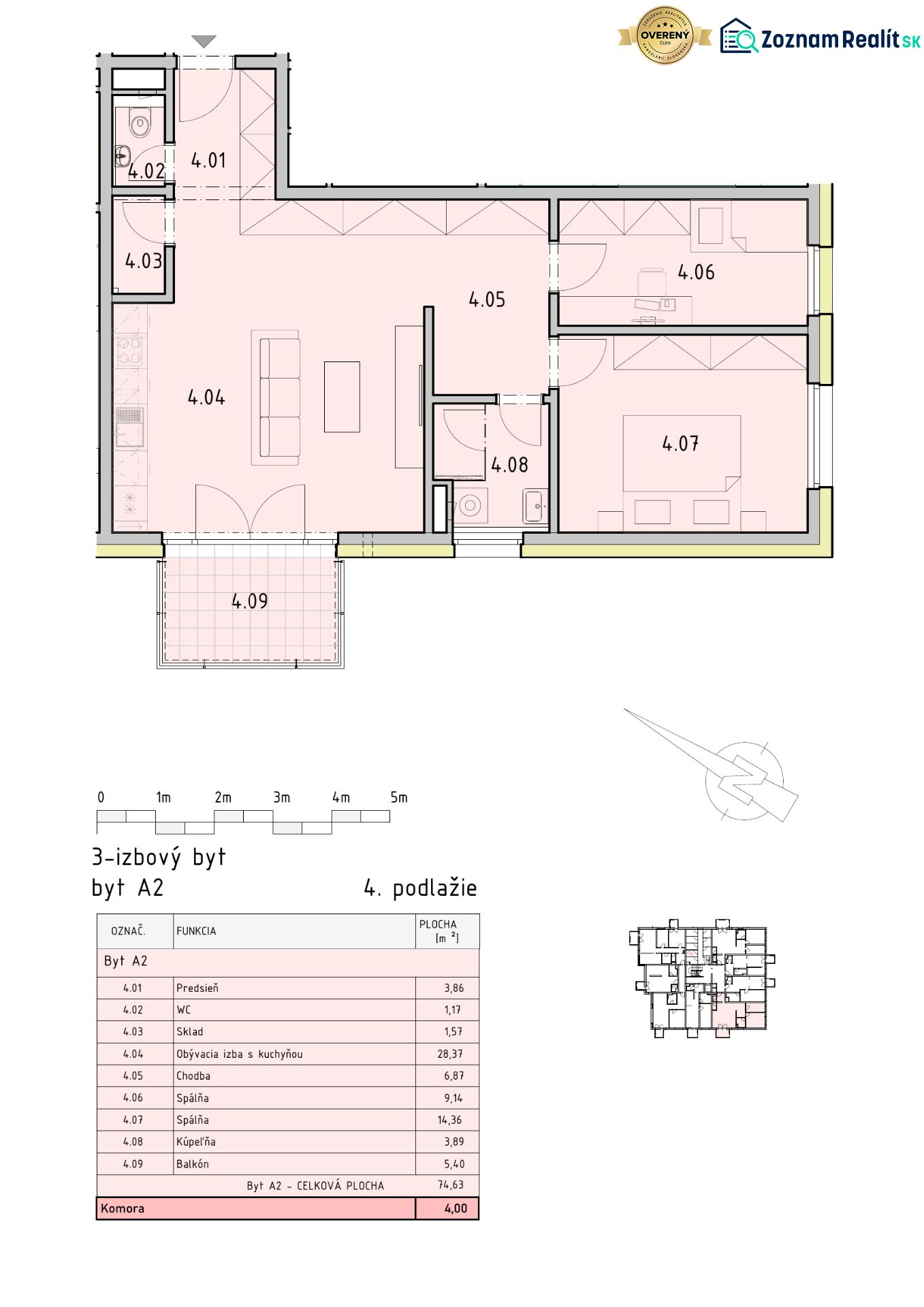 Floor plan of a 3-room apartment with a balcony, bathroom, and storage room on the fourth floor.