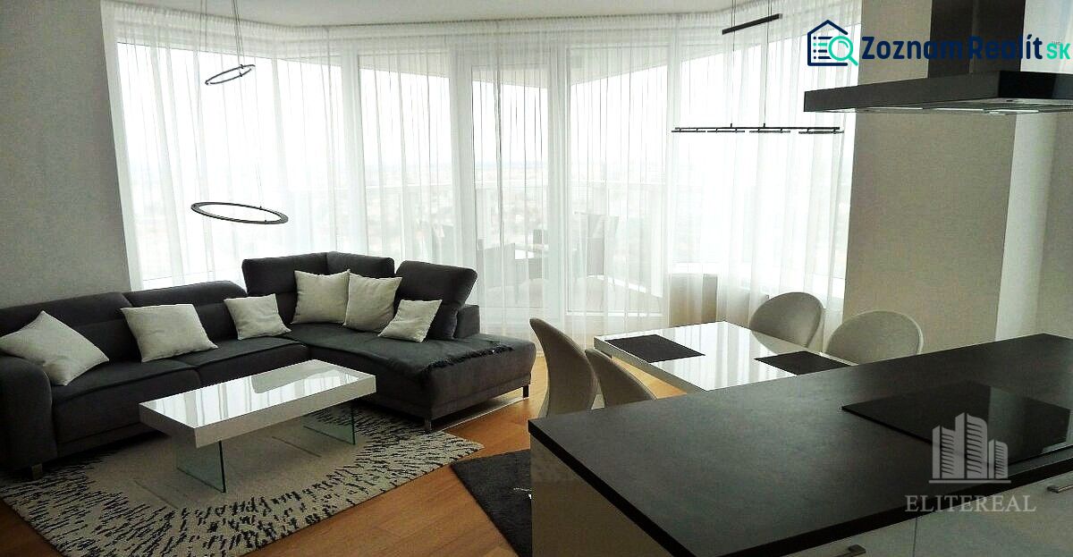 Living room with a corner sofa and a dining table in a 3-room apartment.