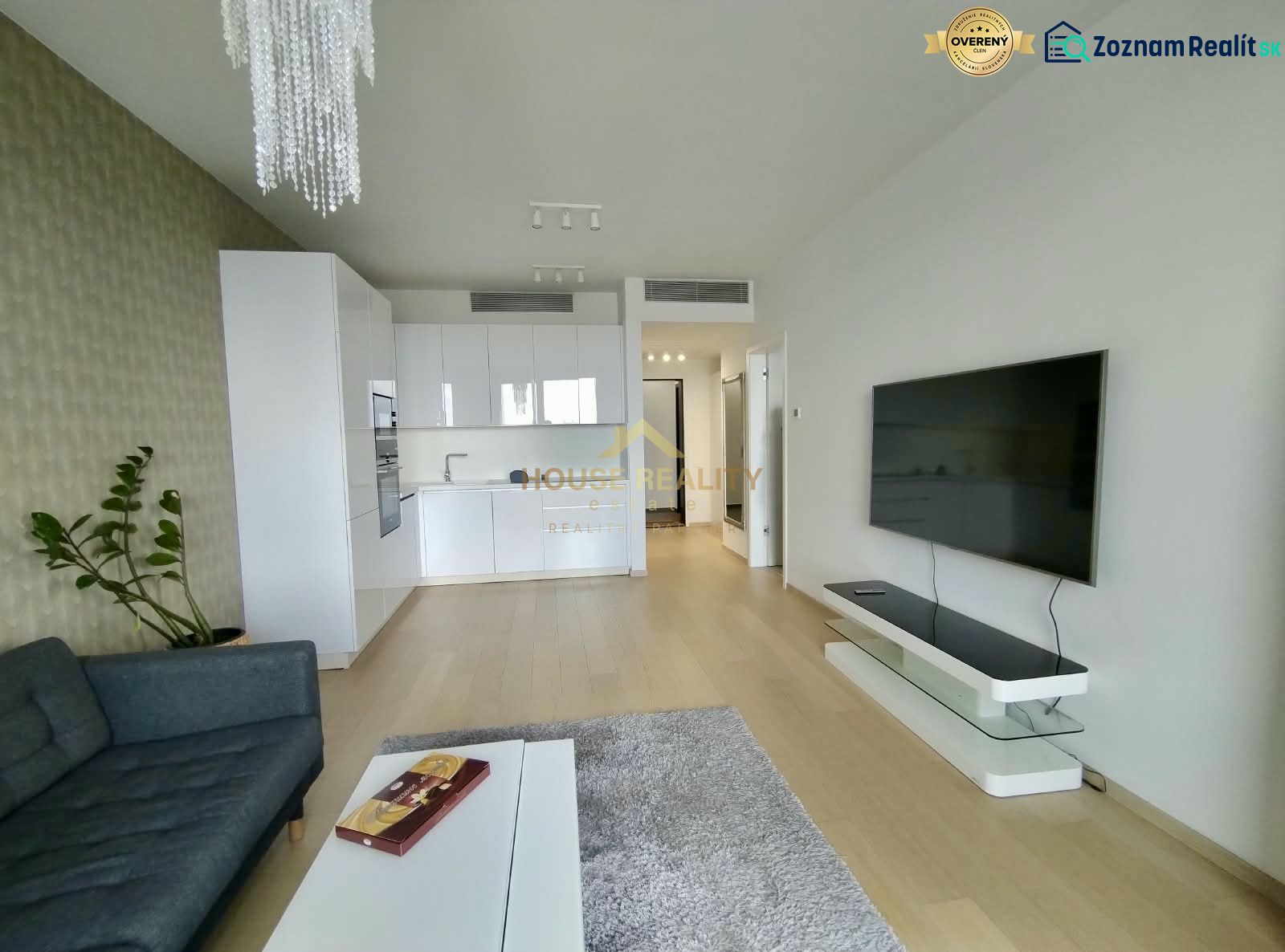 Living room with kitchen, TV on the wall, wooden decor flooring, 2-room apartment.