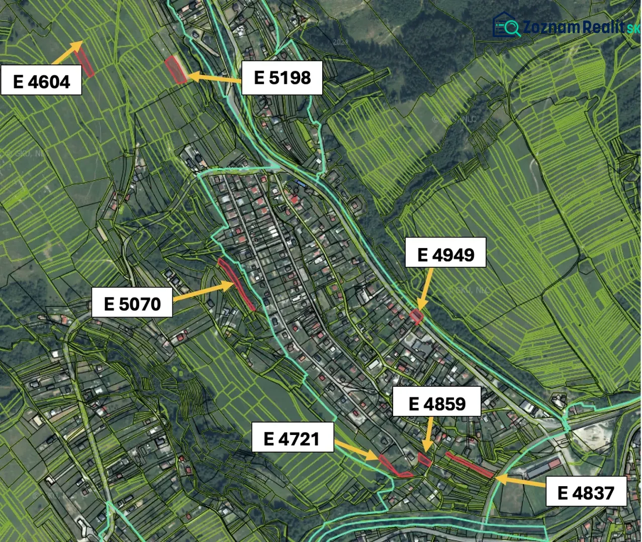 Cadastral map of agricultural and forest land in Olešná with marked parcels.