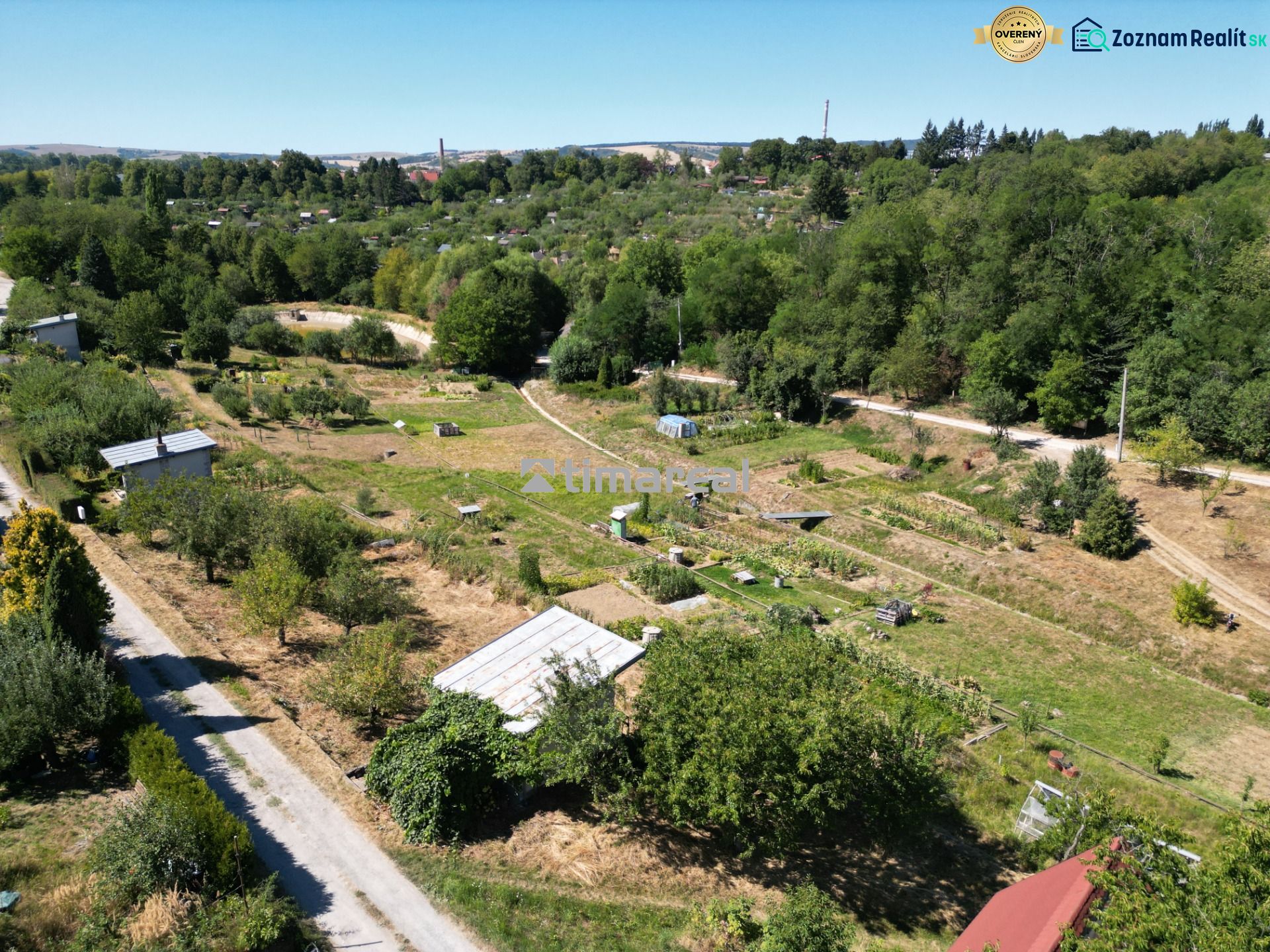 A gardening area near Myjava with cottages surrounded by greenery and country roads.