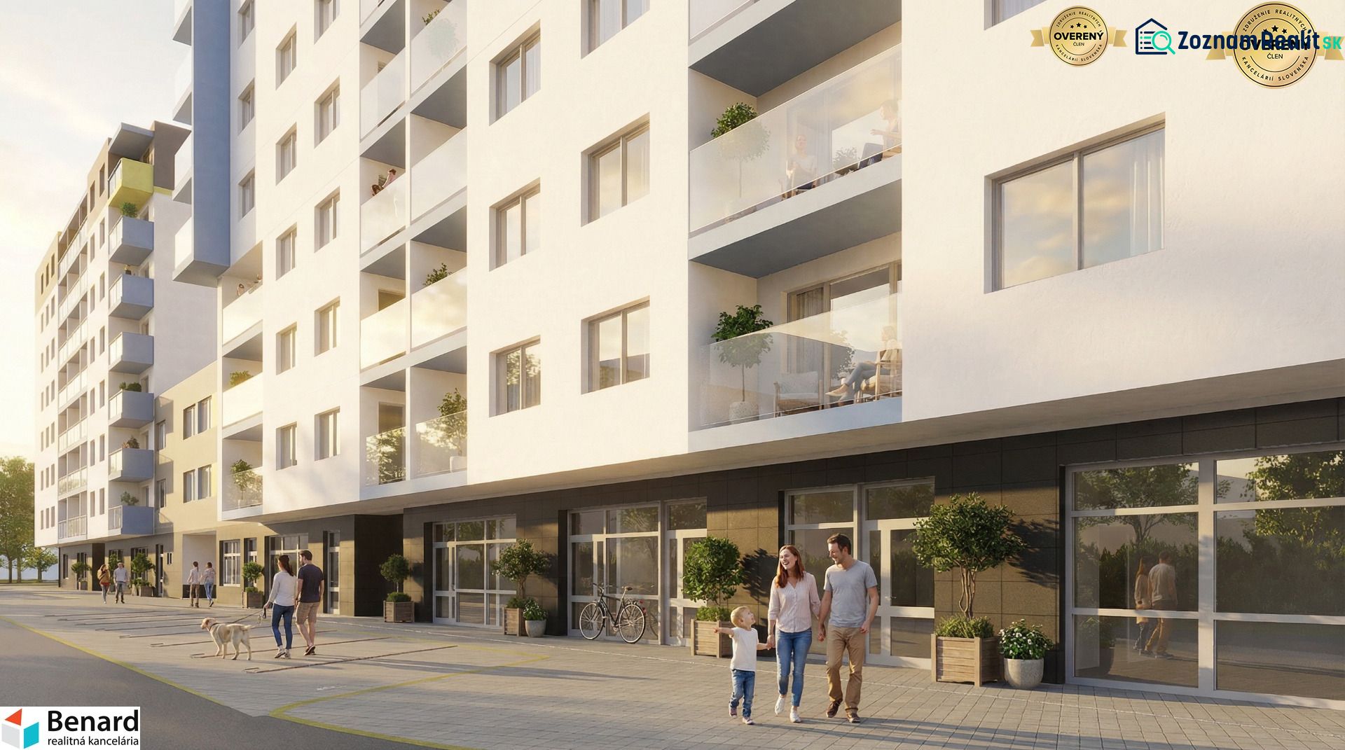 Apartment building with balconies and people on the street in Poprad, suitable for a 3-room apartment.