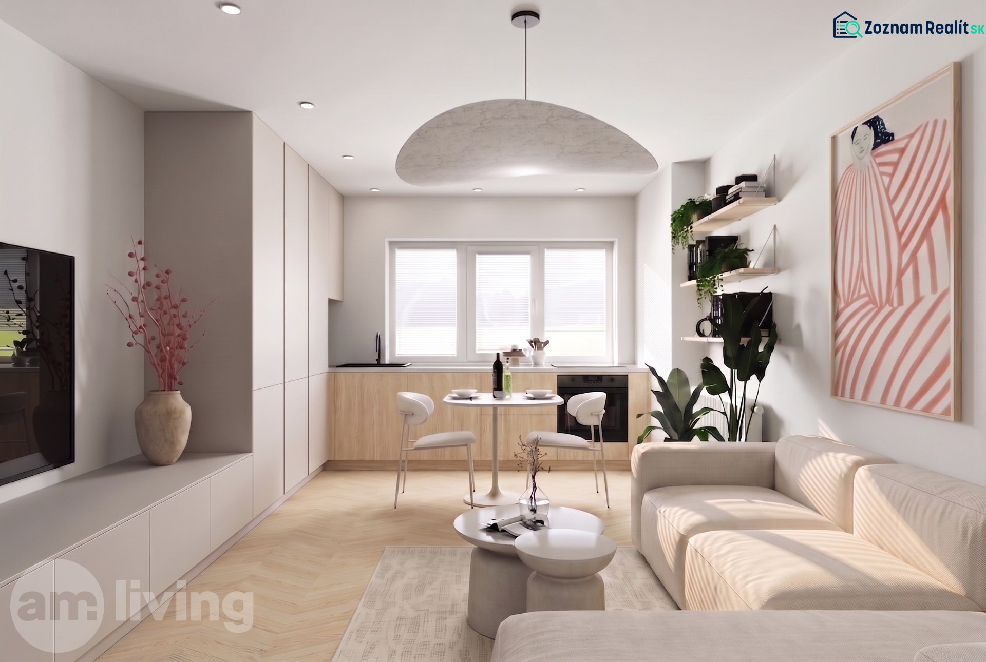 Living room in a 2-room apartment with minimalism, wooden decor flooring, spacious sofa.