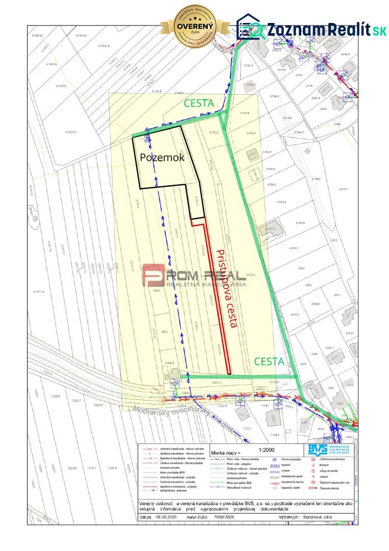 Land plan in Modra for residential purposes with marked access roads.
