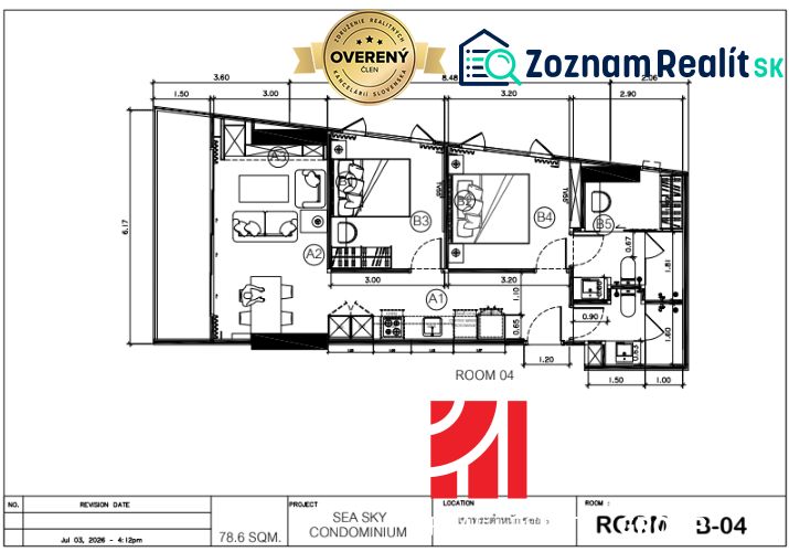 Floor plan of a 3-room apartment with an open living area and wooden decor flooring.