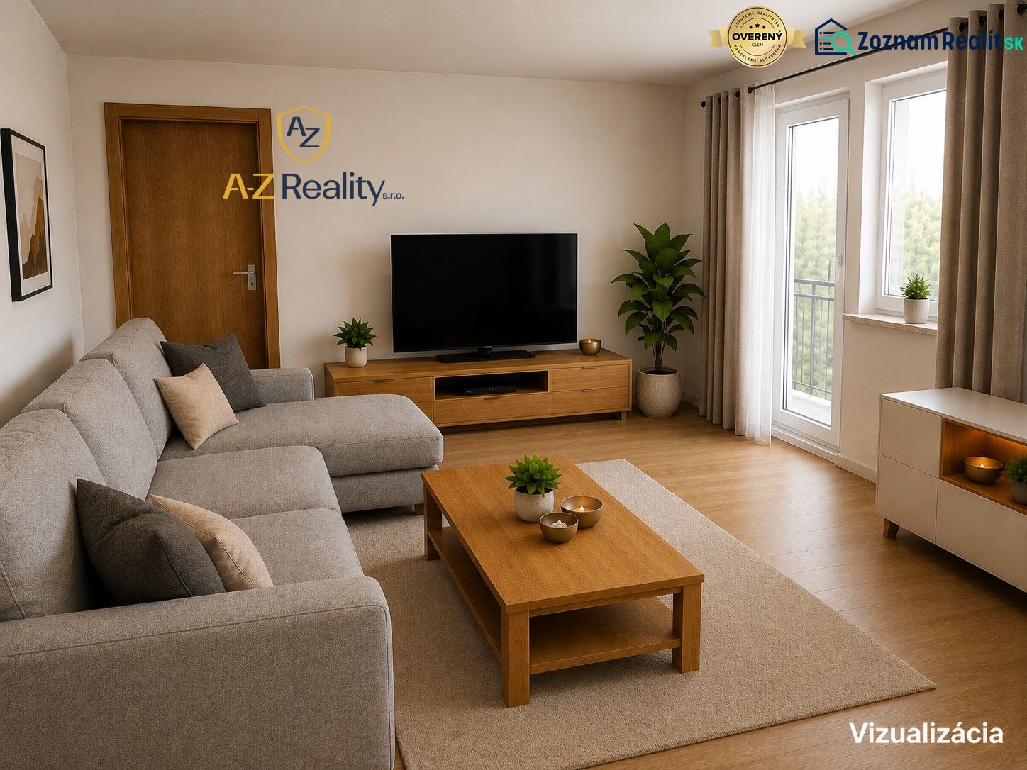 Living room in a 3-room apartment with a corner sofa and a wooden decor floor.