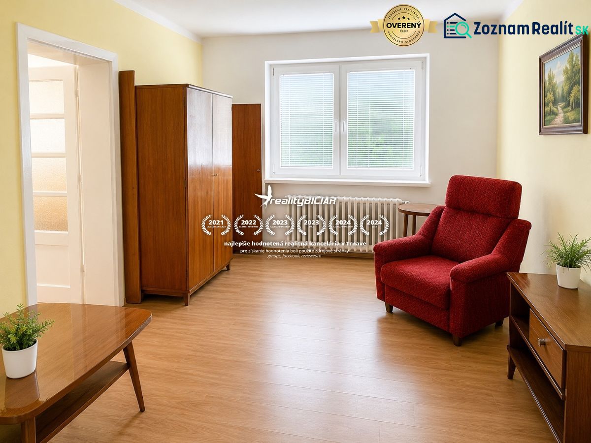Living room in a family house with retro-style furniture and a wood-patterned floor.