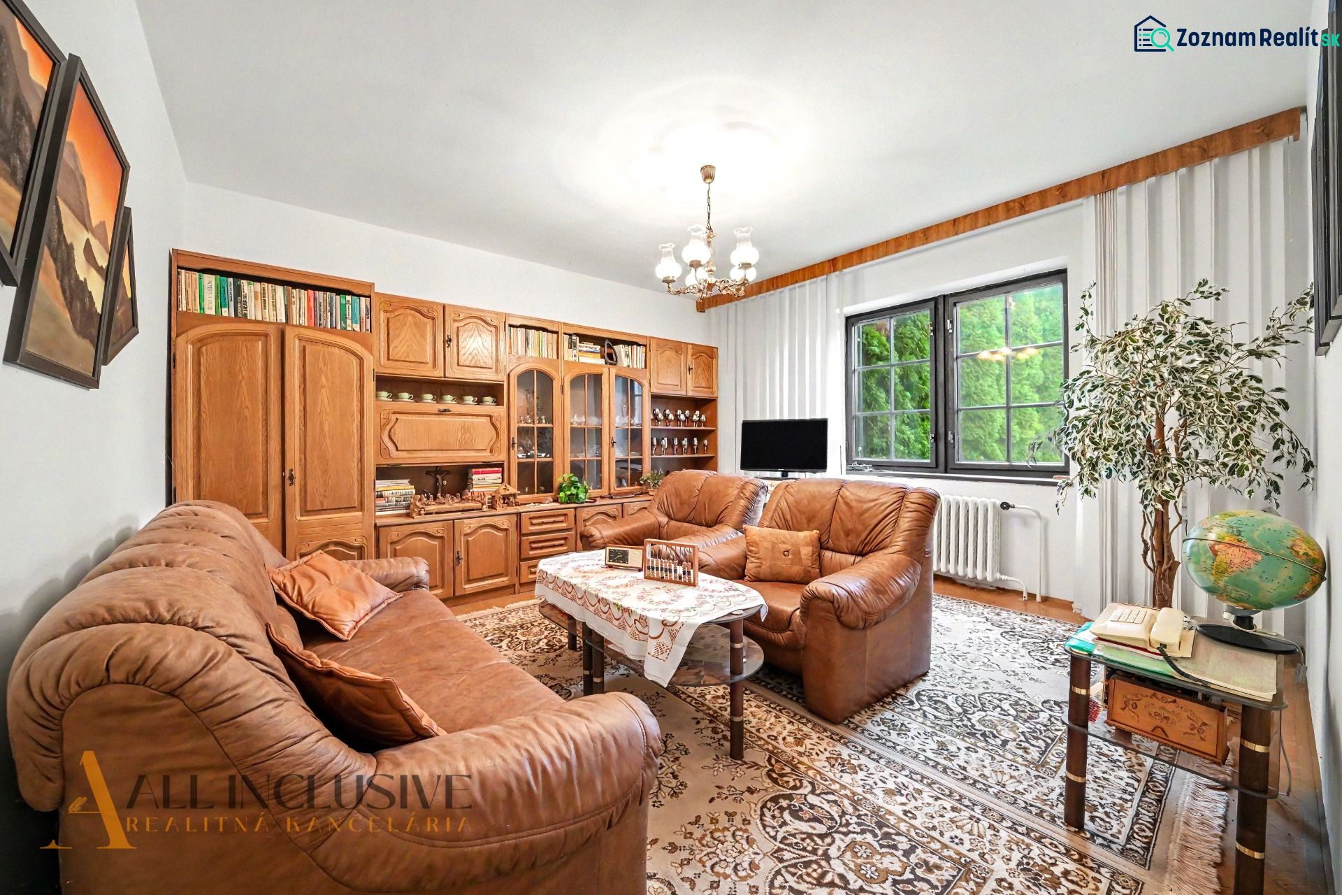Living room in a family house with a leather sofa, shelving unit, and a window overlooking the green exterior.