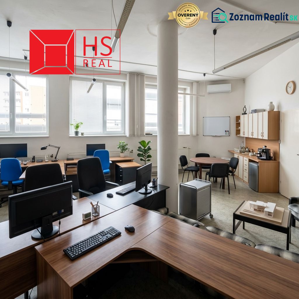 Offices with computers and furniture in a spacious interior with a wooden decor floor.