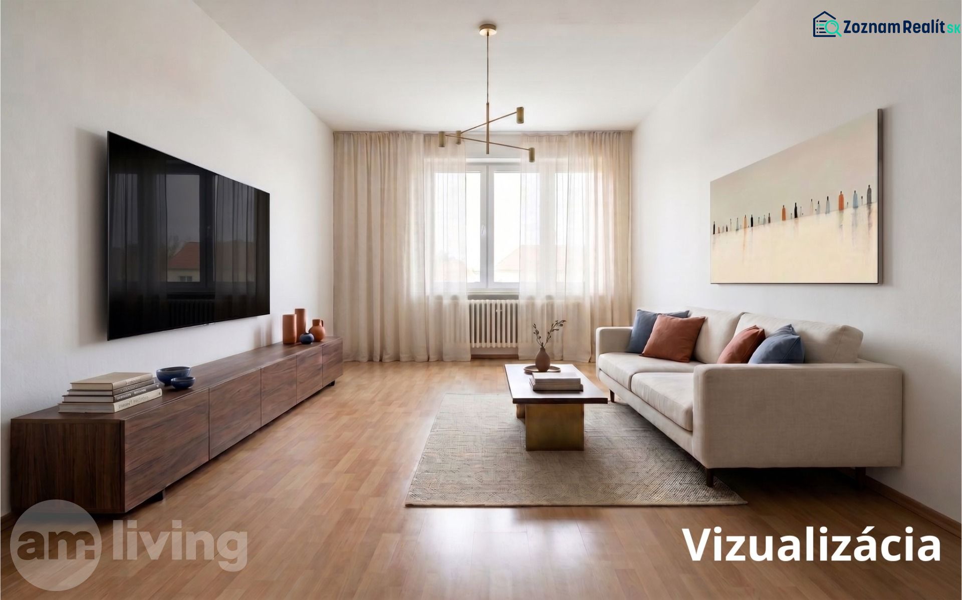 Living room in a 2-room apartment with a sofa, television, and wooden decor flooring.