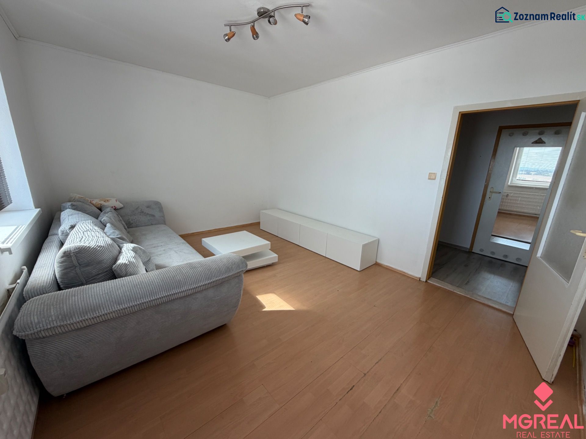 Living room with a sofa, table, and wooden decor flooring in a 2-room apartment.