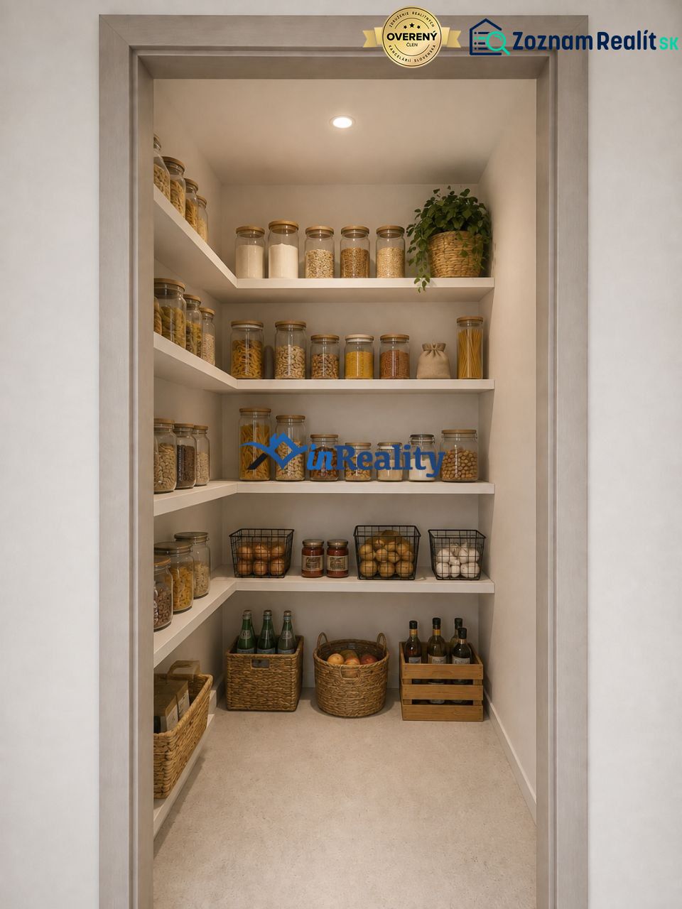 A pantry in a 3-room apartment with shelves full of food and drinks.