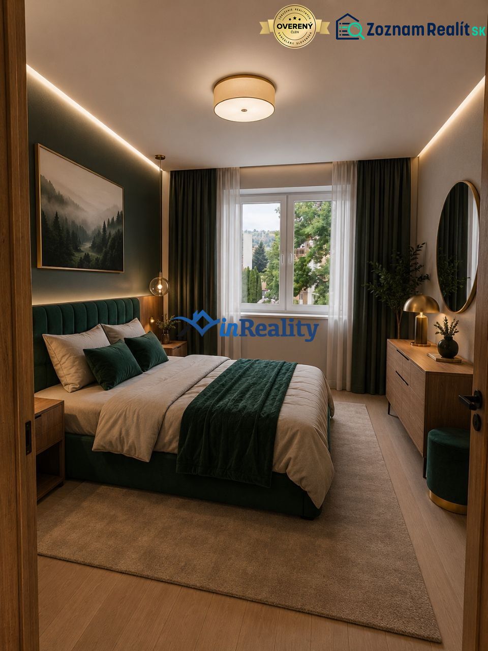Bedroom in a two-room apartment with a bed, carpet, and wooden decor flooring.
