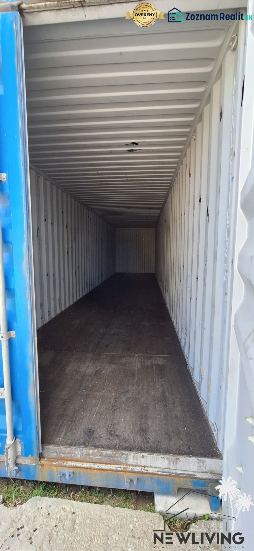 Open shipping container with a floor decorated for warehouses and halls.