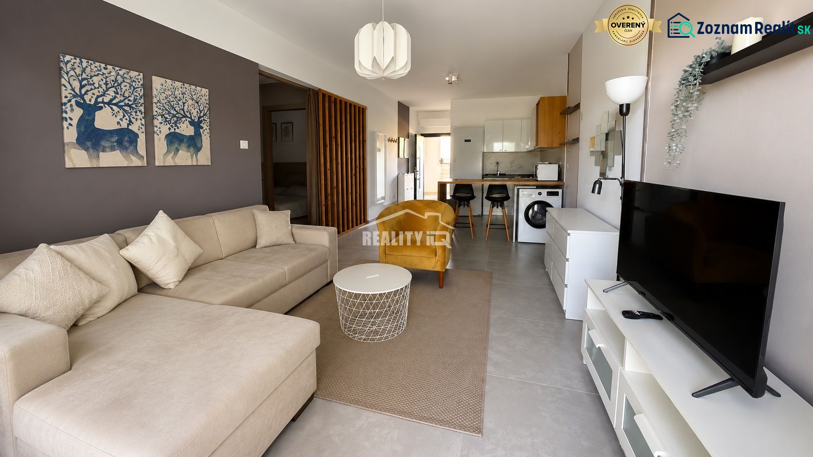 Studio apartment with a beige sofa, kitchen, washing machine, and wall decorations.
