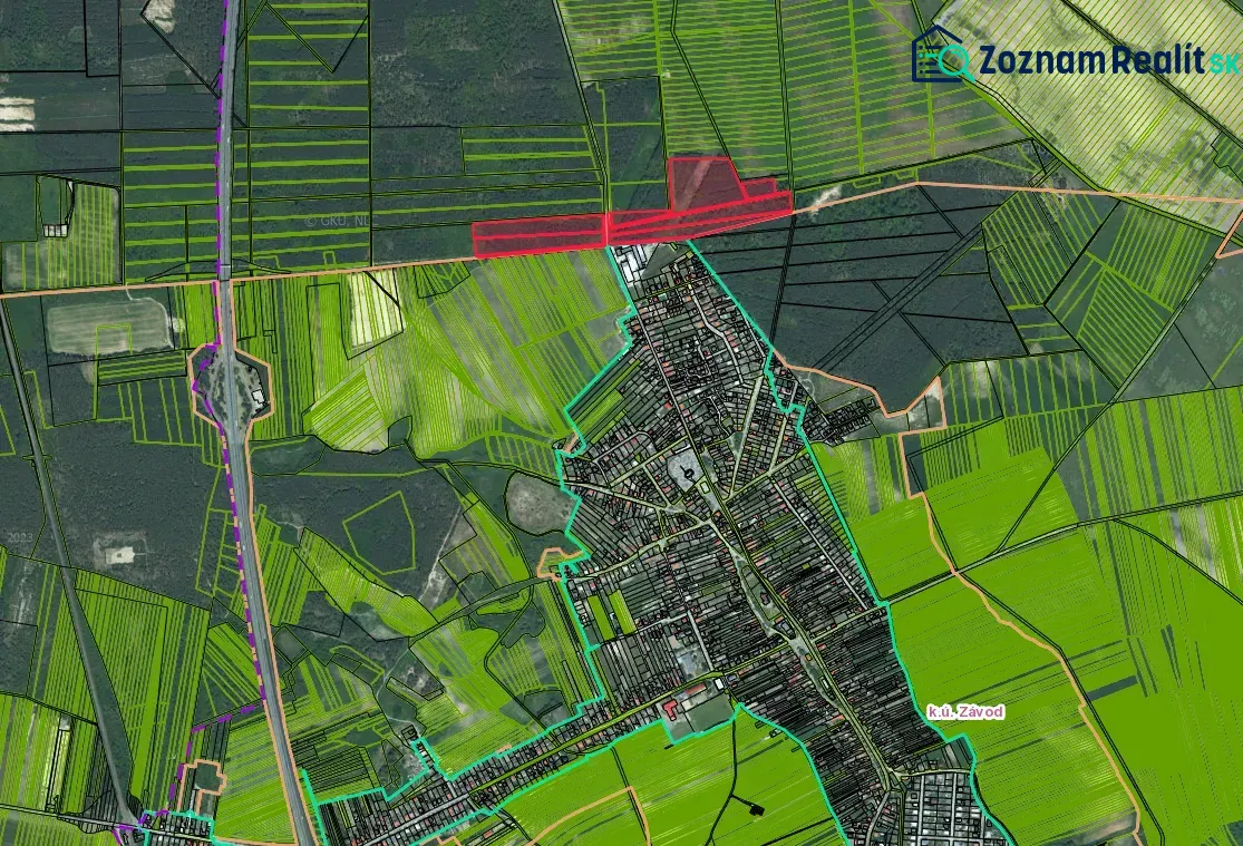 Aerial view of agricultural and forest land in Moravský Svätý Ján.