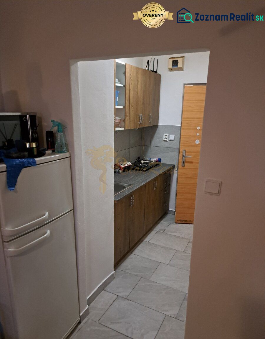 Studio apartment with a kitchenette, light flooring, and wooden cabinet decor.