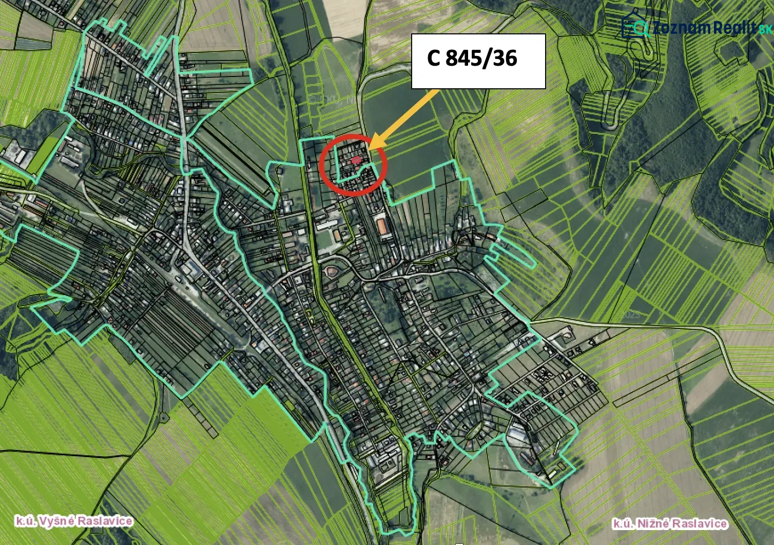 Map of Raslavice with marked land designated for residential use.